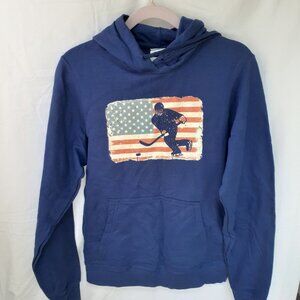 New Small Hockey Silhouette American Flag Blue Pullover Hoodie